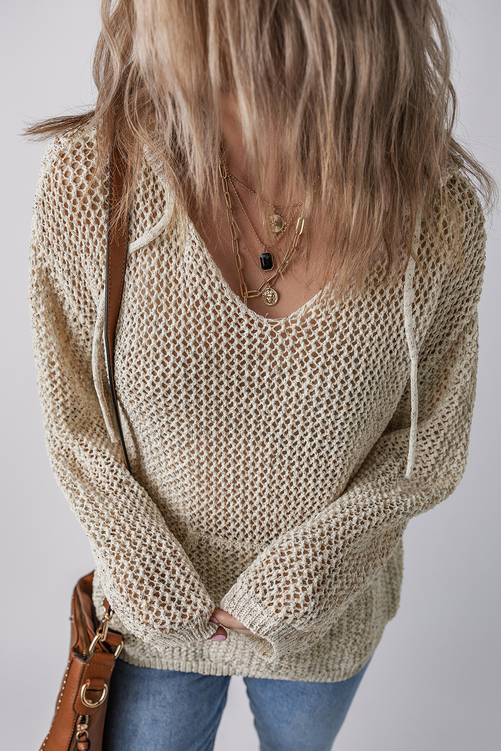 Jet Stream Hollow-out Kangaroo Pocket V Neck Hooded Sweater - loveforevers
