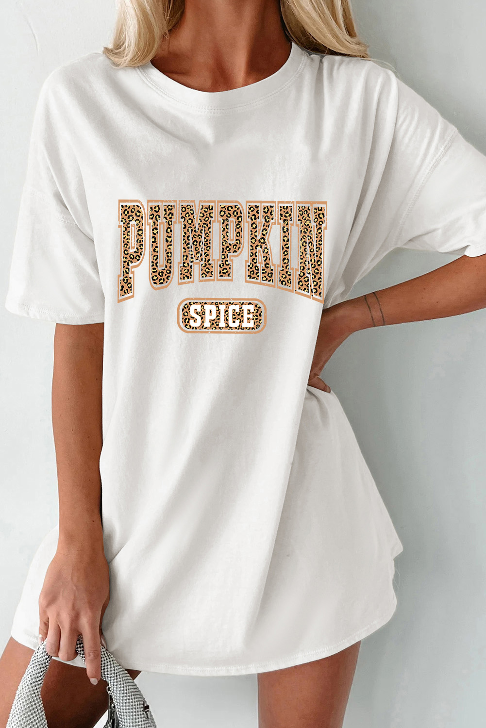 White PUMPKIN SPICE Leopard Graphic Tunic T Shirt - loveforevers