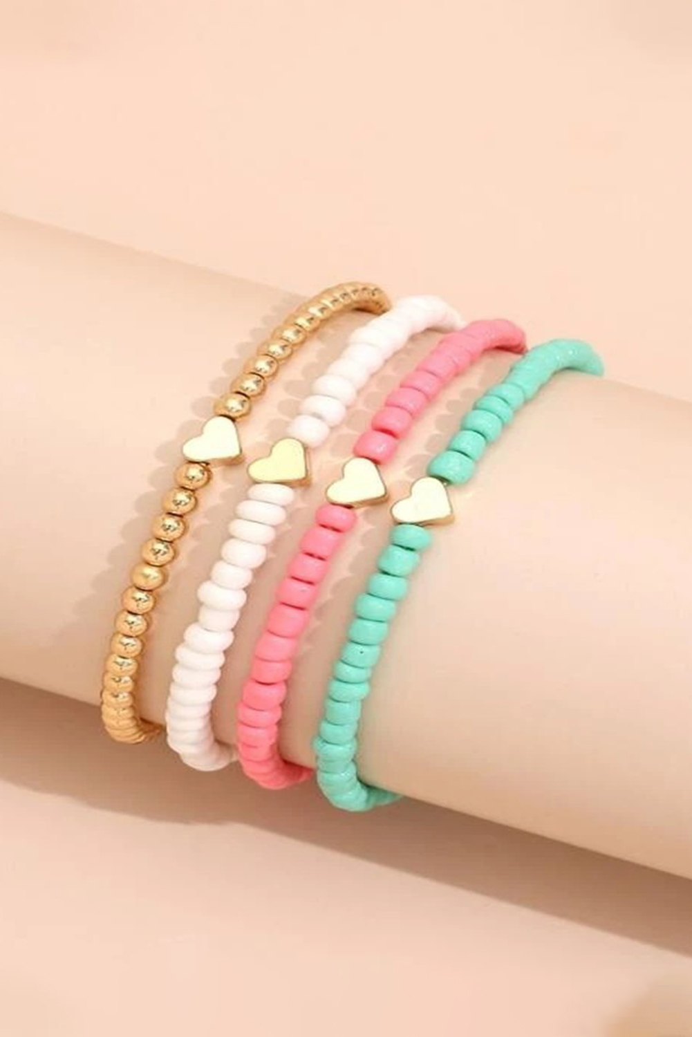 Pink Heart Beaded Multi Layered Bracelet Set - loveforevers