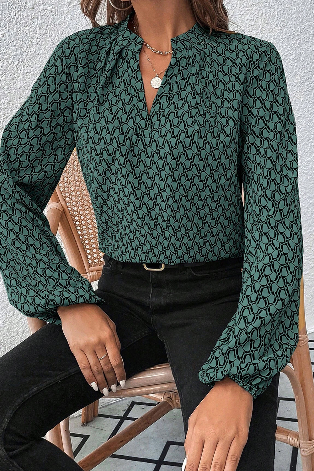 Green Geometric Print Notched Neck Puff Sleeve Blouse - loveforevers