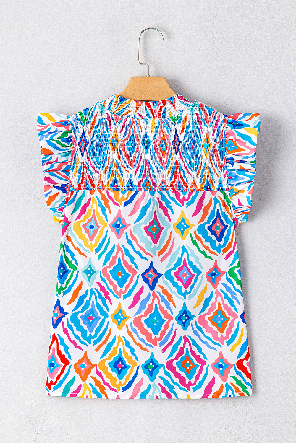 Light Blue Geometric Printed Flutter Sleeve Mock Neck Shirred Blouse - loveforevers
