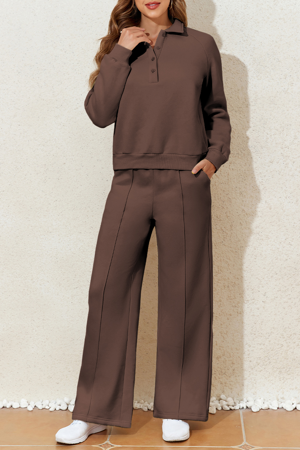 Dark Brown Solid Collared Sweatshirt and High Waist Pants Active Set - loveforevers