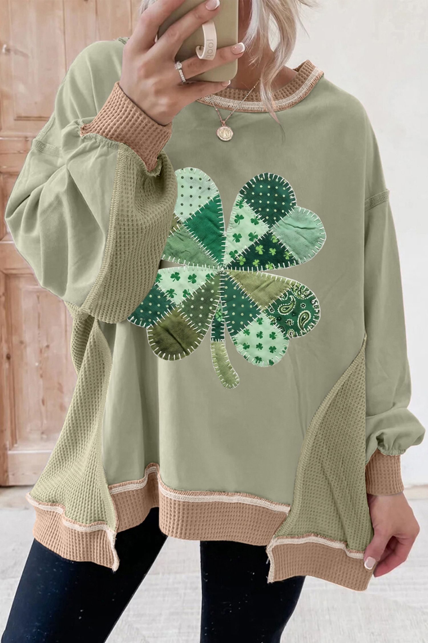 Smoke Green Waffled Color Block St Patricks Day Clover Patched Baggy Sweatshirt - loveforevers