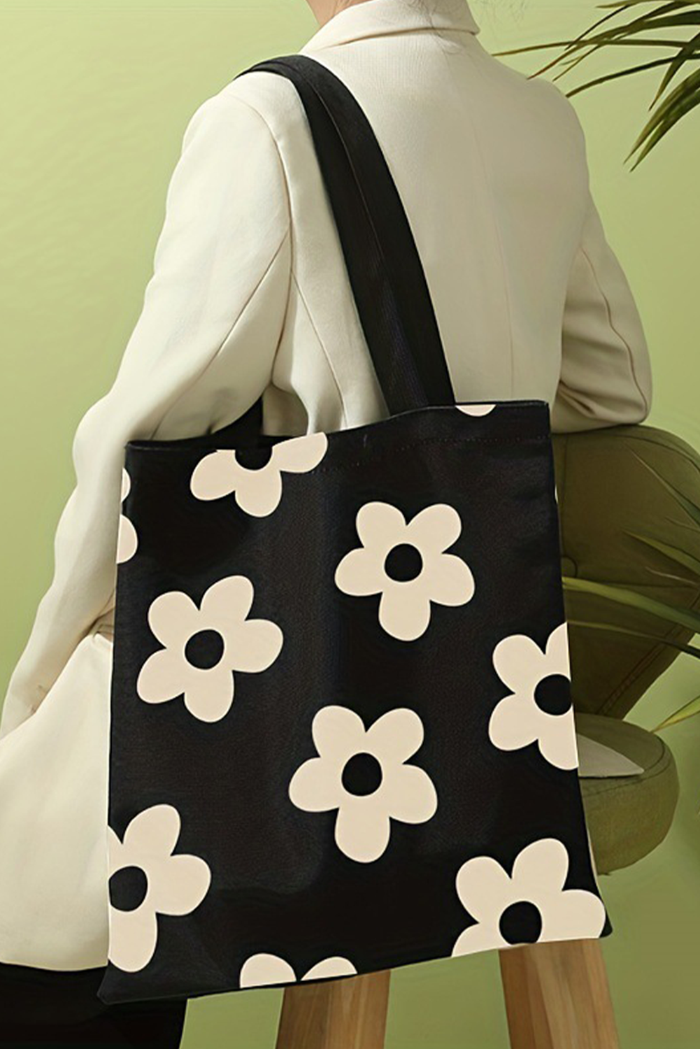 Black Flower Print Canvas Large Capacity Shoulder Bag - loveforevers