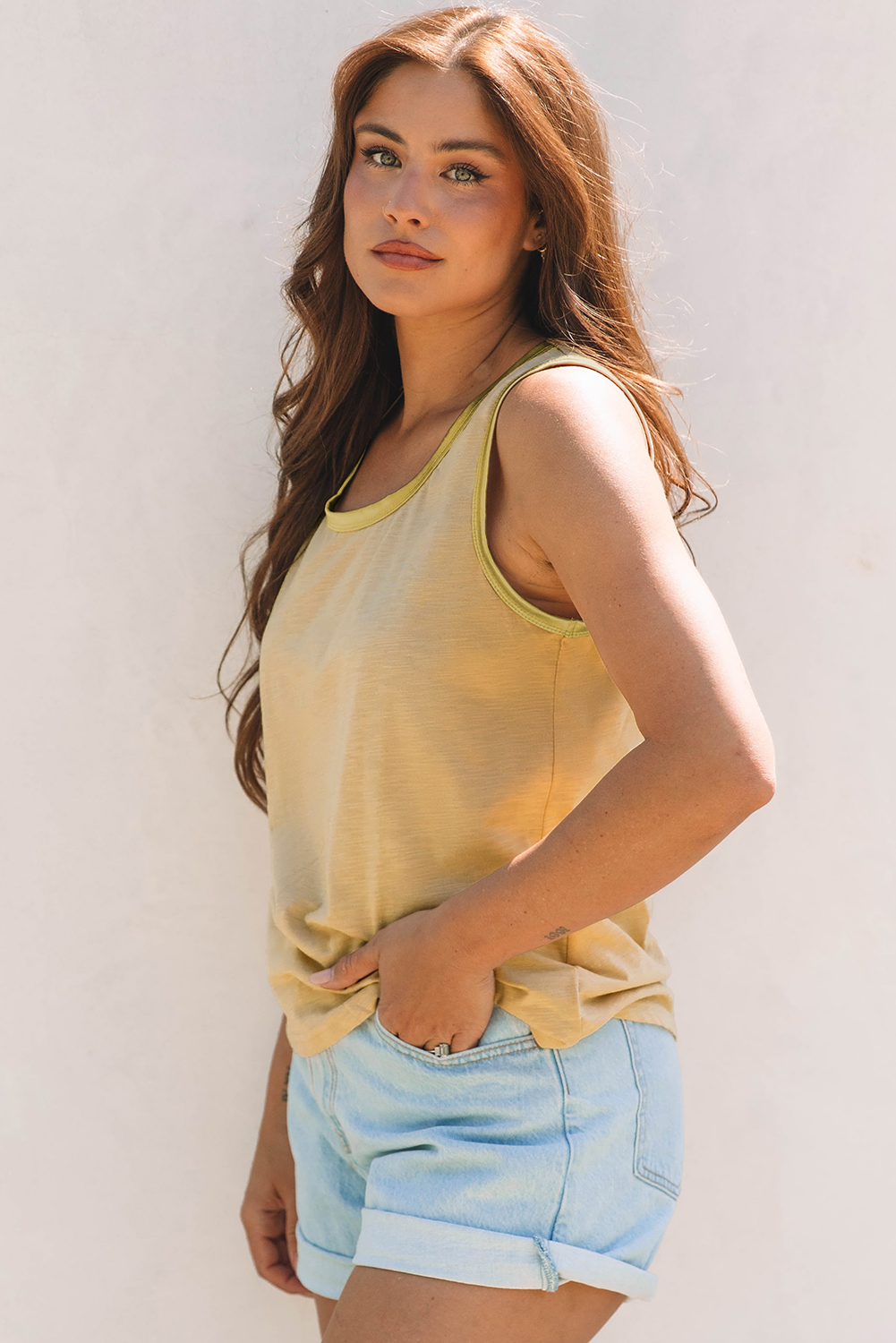 Tan Metallic Sheen Edge Scoop Neck Tank Top - loveforevers