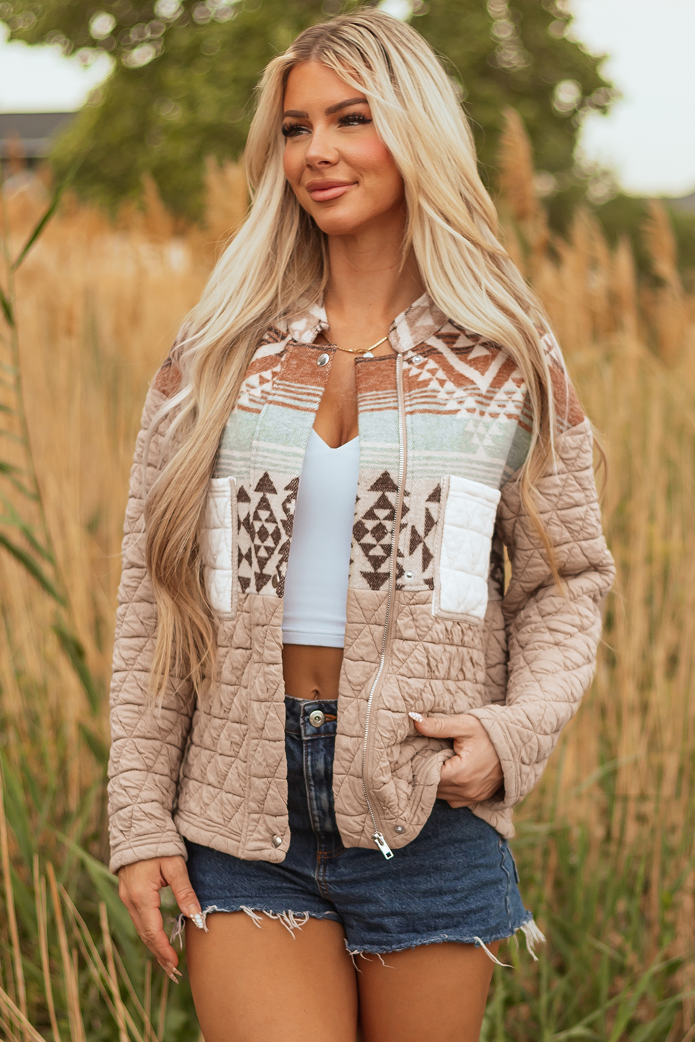 Light French Beige Aztec Quilted Patchwork Western Fashion Jacket - loveforevers