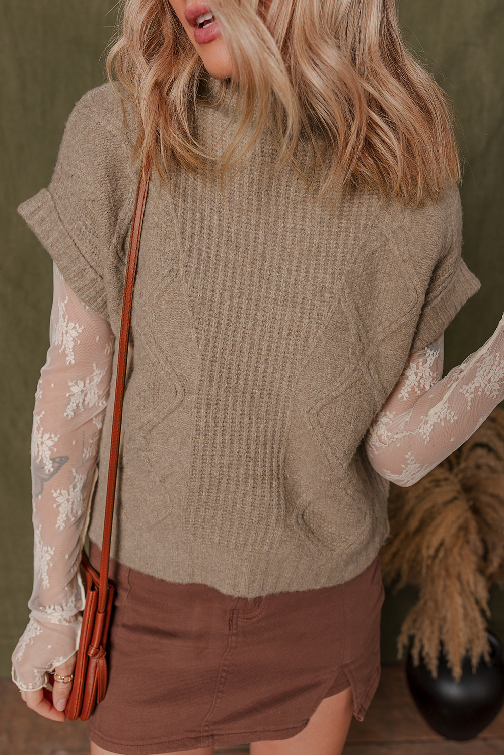Smoke Gray Textured Knit High Neck Sweater T Shirt - loveforevers