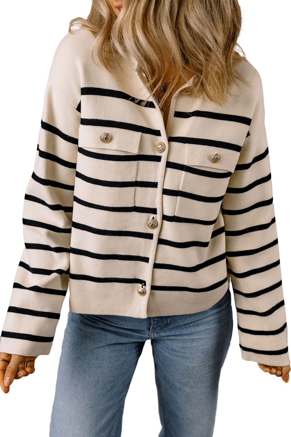 Black Stripe Flap Pocket Buttoned Cardigan Sweater - loveforevers