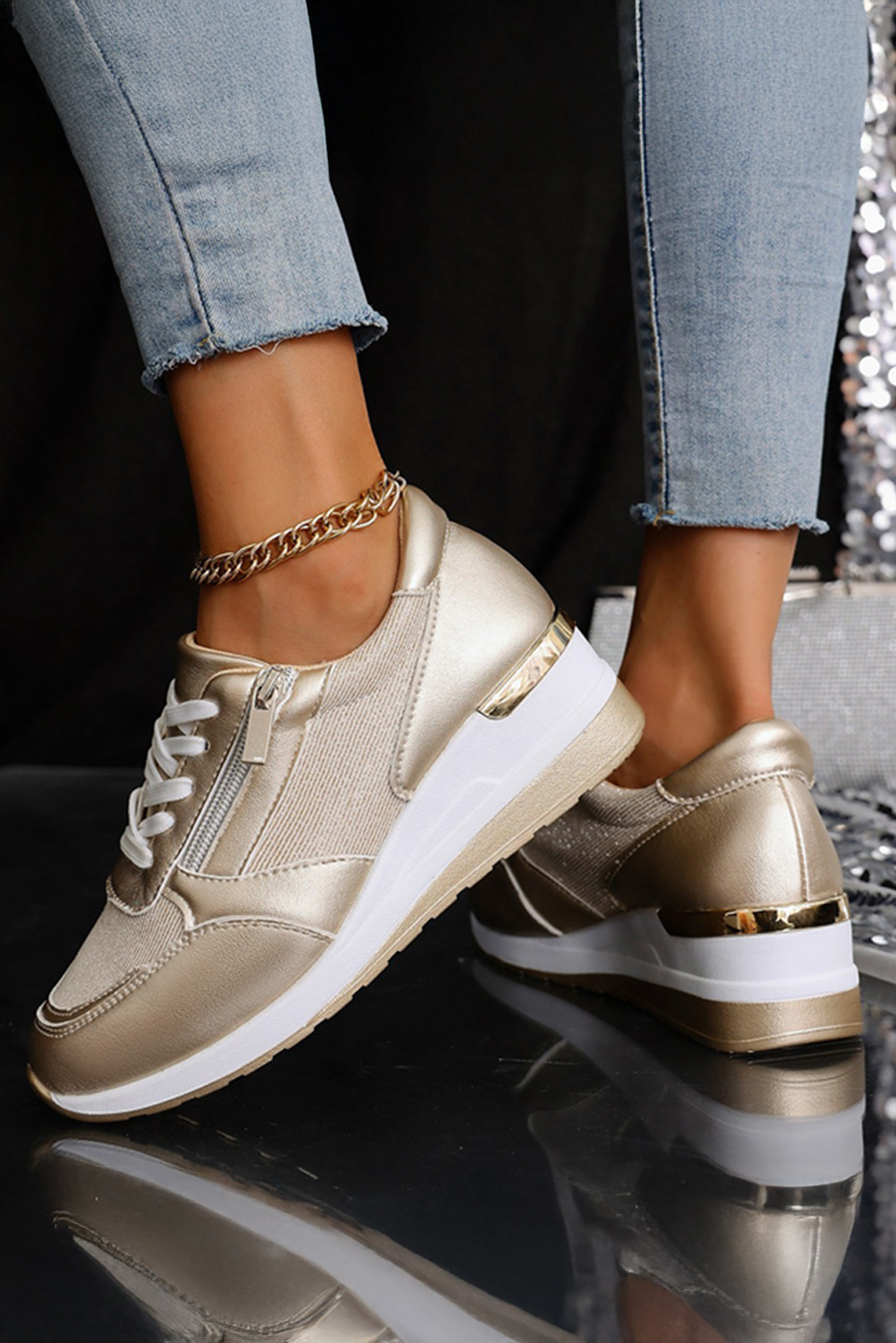 Gold PU Leather Patchwork Zipper Lace-up Sneakers - loveforevers