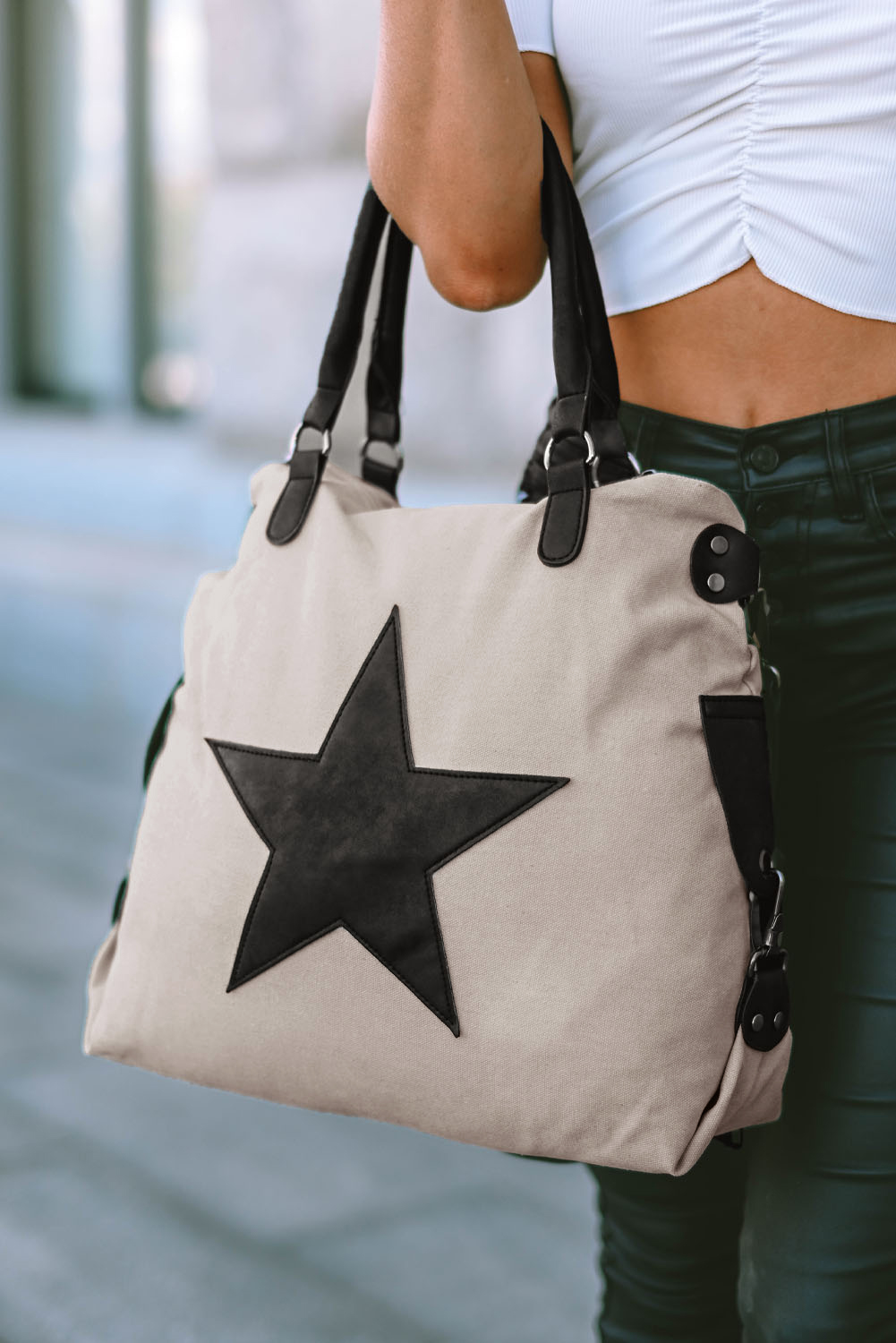 Beige Casual Five-pointed Star Canvas Tote Bag - loveforevers