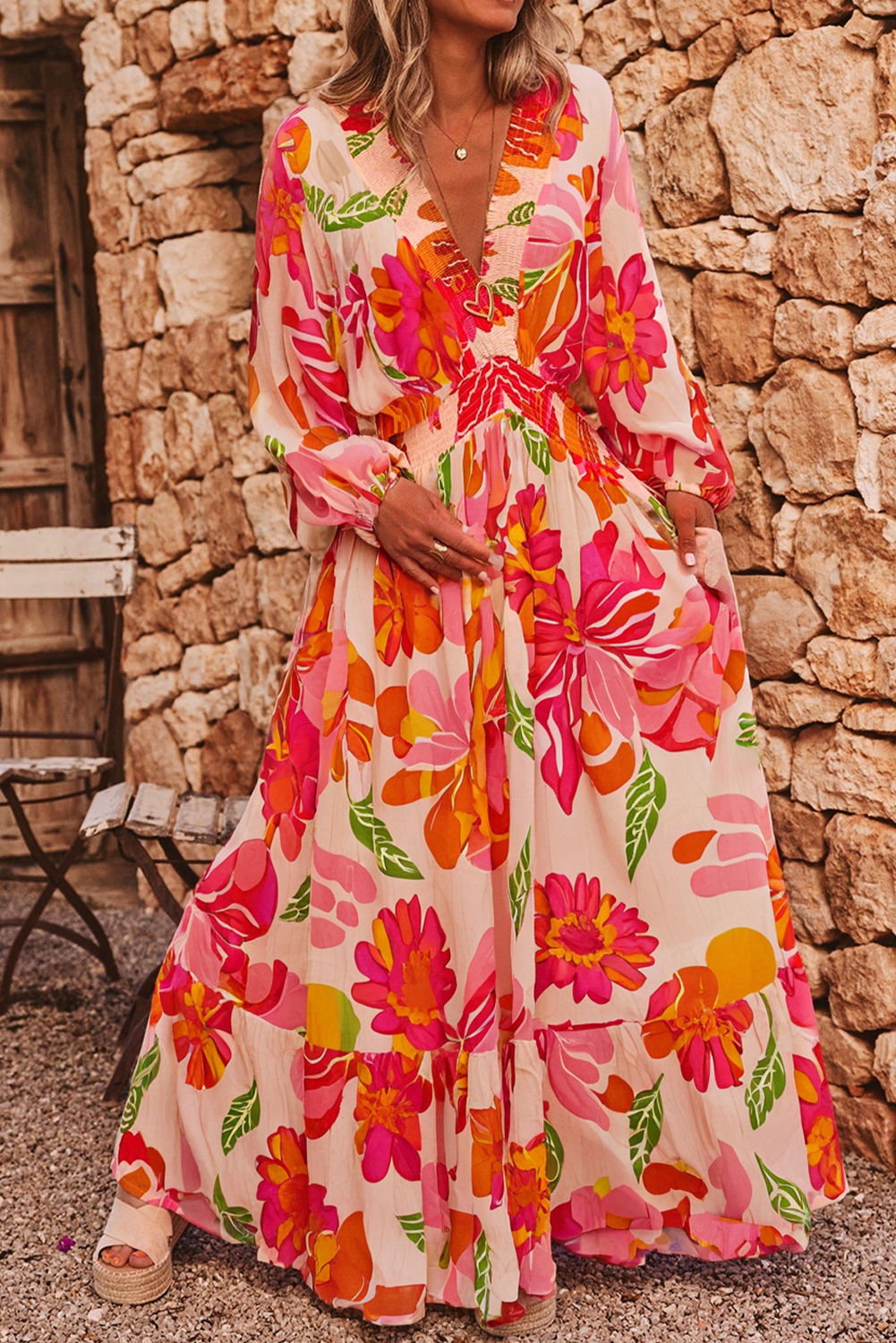 Beige Floral Print Smocked Detail V Neck Puff Sleeve Flowy Maxi Dress - loveforevers