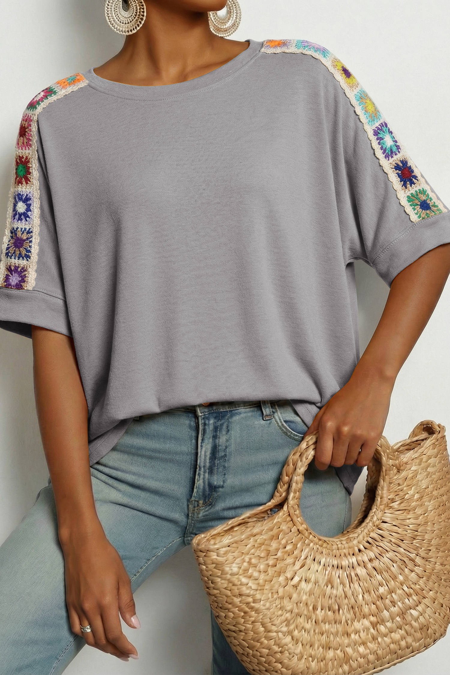 Light Grey Granny Square Crochet Detail Loose T Shirt - loveforevers