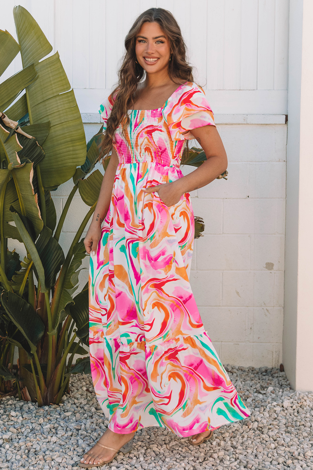 Pink Abstract Print Ruffled Sleeve Smocked Bust Maxi Dress - loveforevers