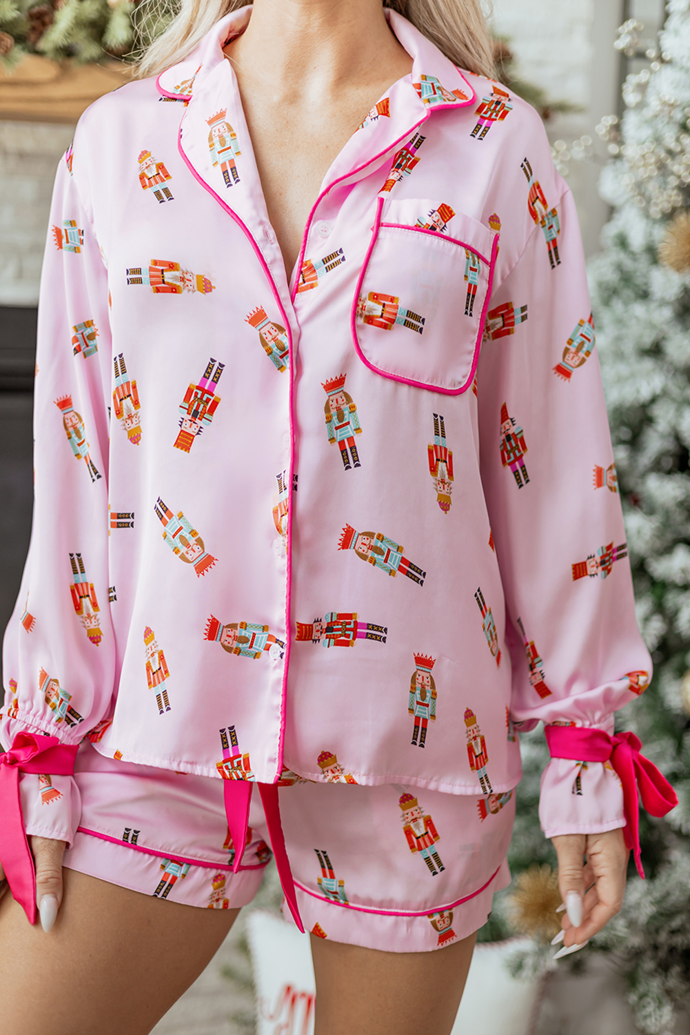 Pink Nutcracker Print Contrast Trim Tied up Bow Silky 2pcs Pajama Set - loveforevers