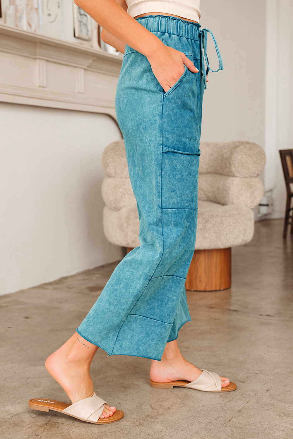 Lapis Mineral Wash Lace-up High Waist Raw Hem Patched Pocket Pants - loveforevers