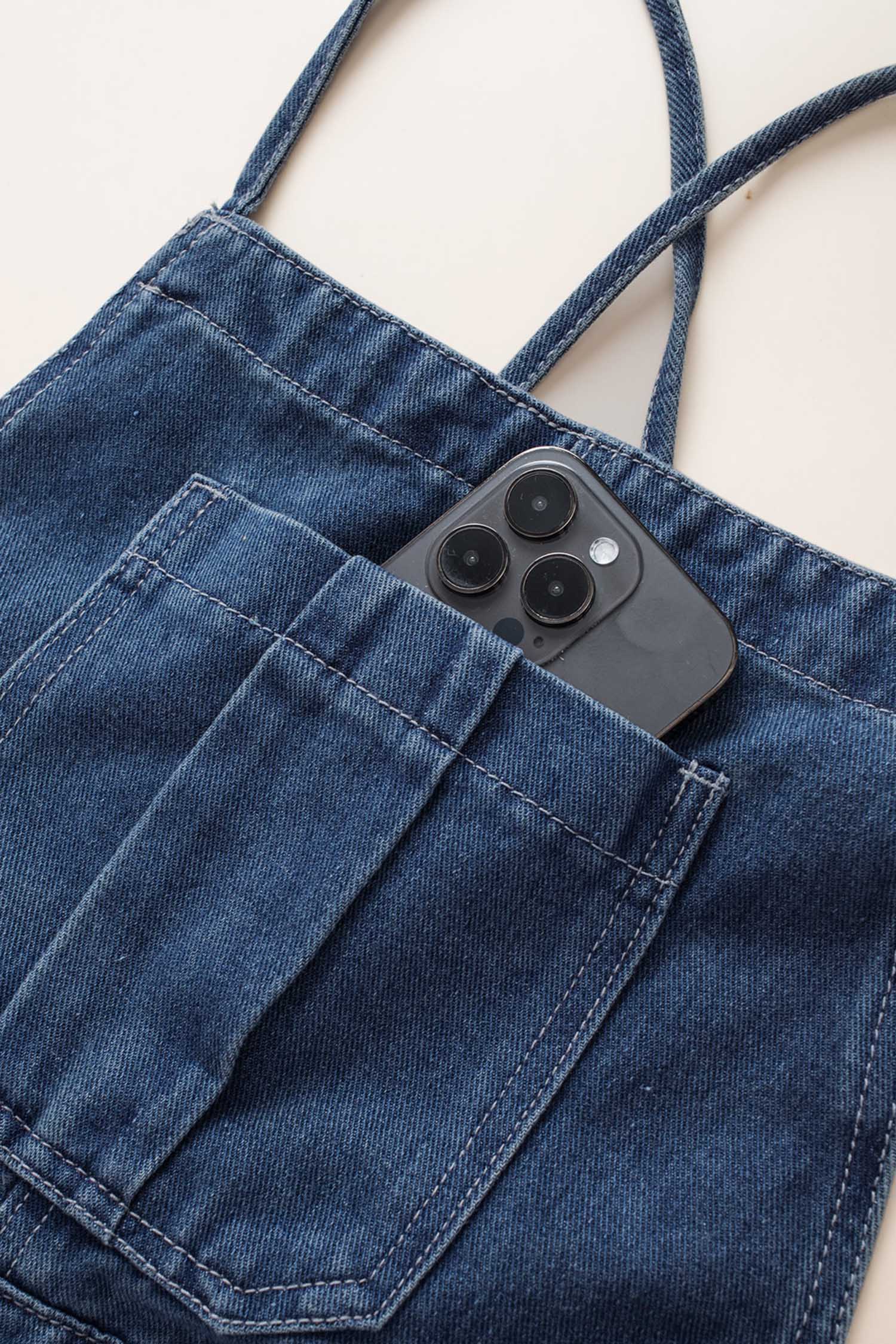 Dark Blue Crossed Tie Straps Bib Pocket Loose Denim Overalls - loveforevers