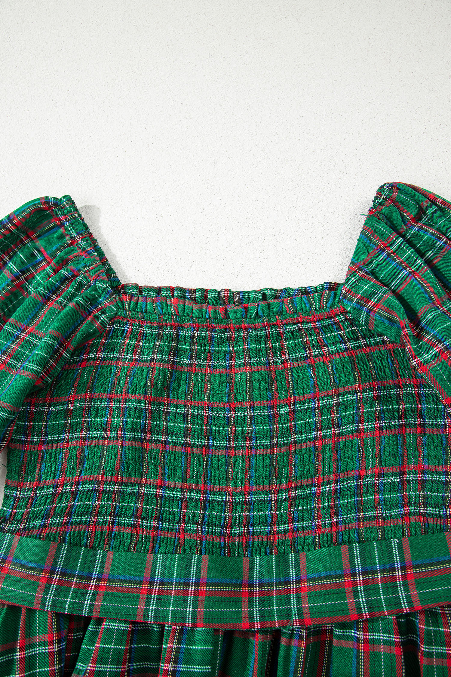Red Tartan Plaid Square Neck Puff Sleeve Knot Waist Flared Midi Dress - loveforevers
