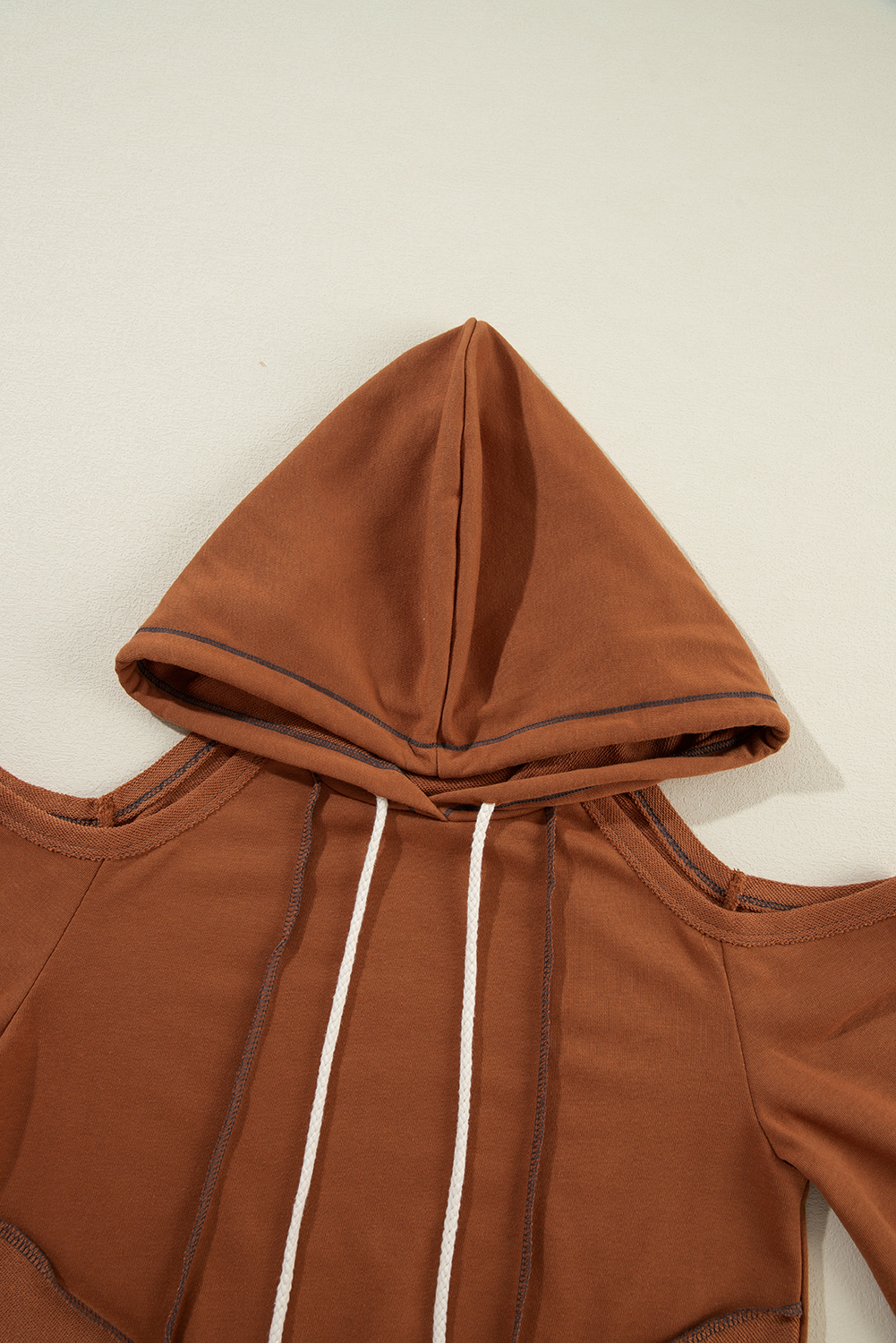 Cinnamon Exposed Seam Cold Shoulder Drawstring Hoodie - loveforevers