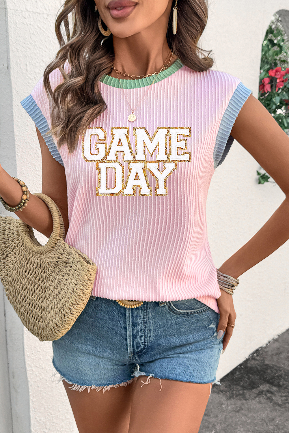 Pink Sequin GAME DAY Graphic Corded Rib Knit Colorblock T Shirt - loveforevers