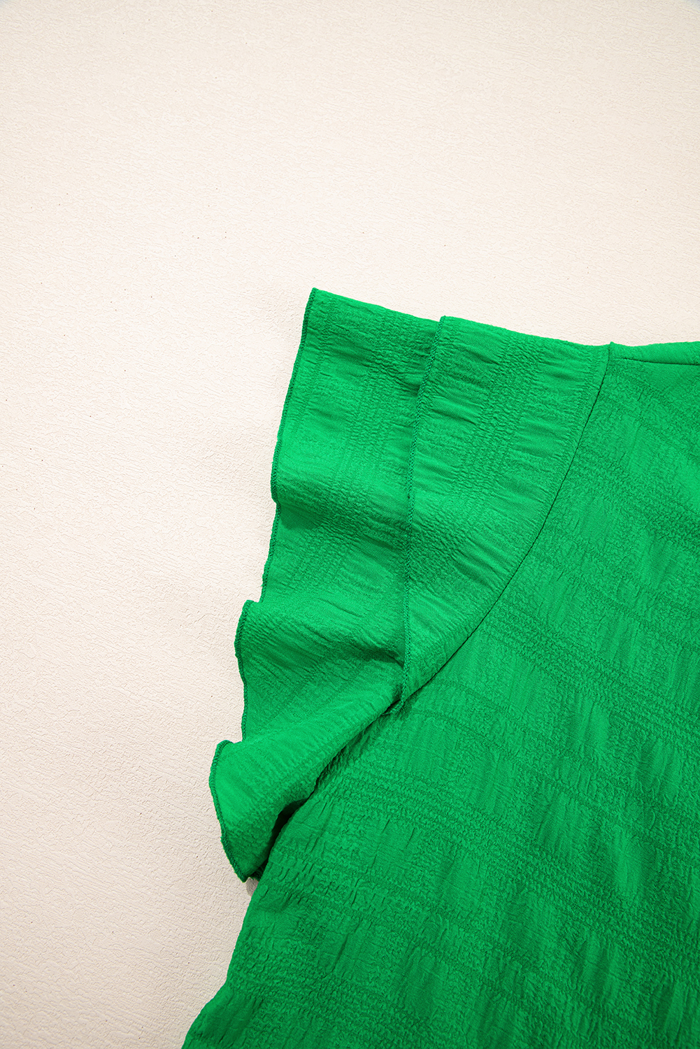 Dark Green Textured Ruffled Sleeve Round Neck Top - loveforevers