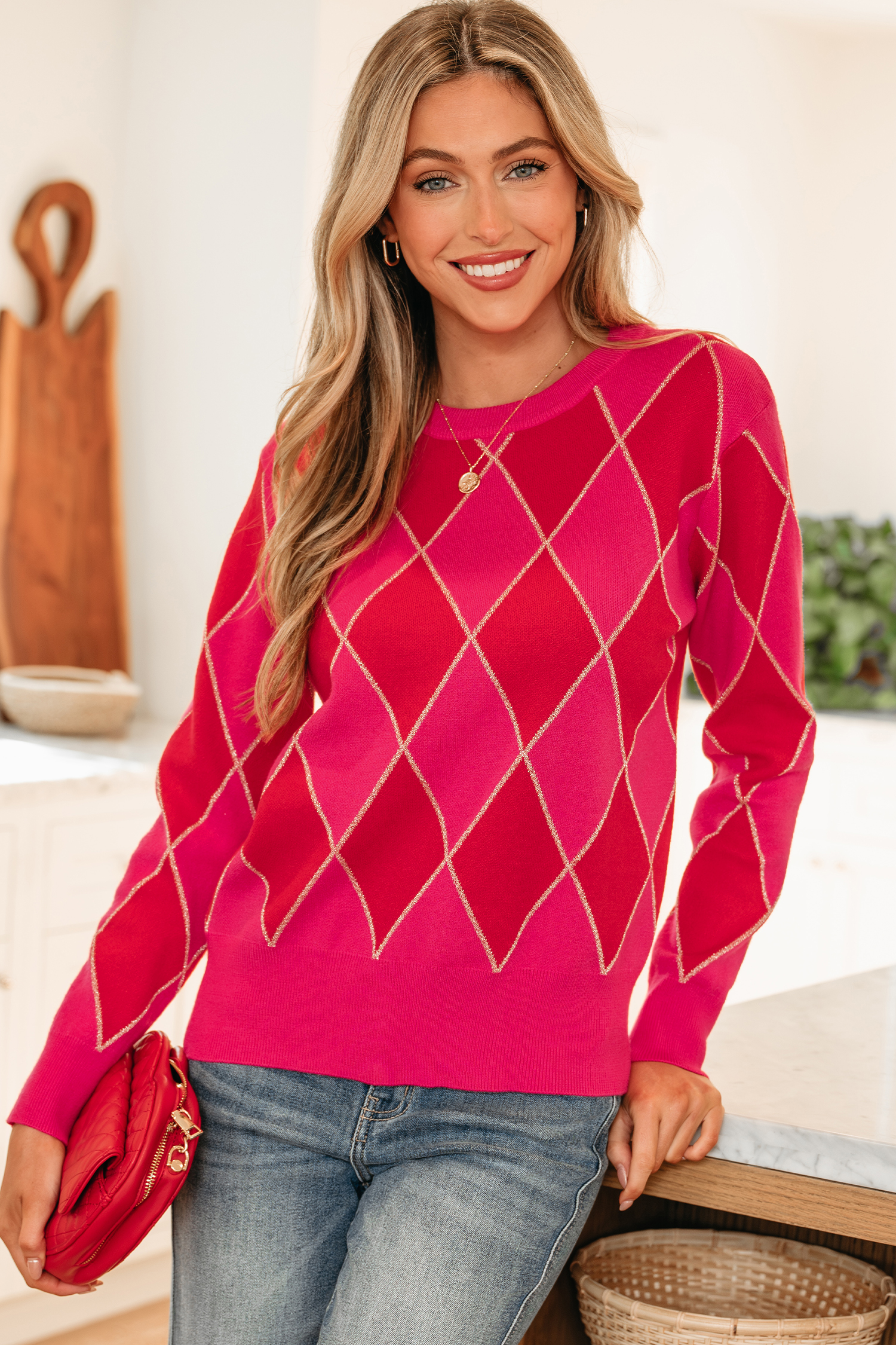 Rose Glitter Trim Rhombus Pattern Knit Sweater Vest - loveforevers