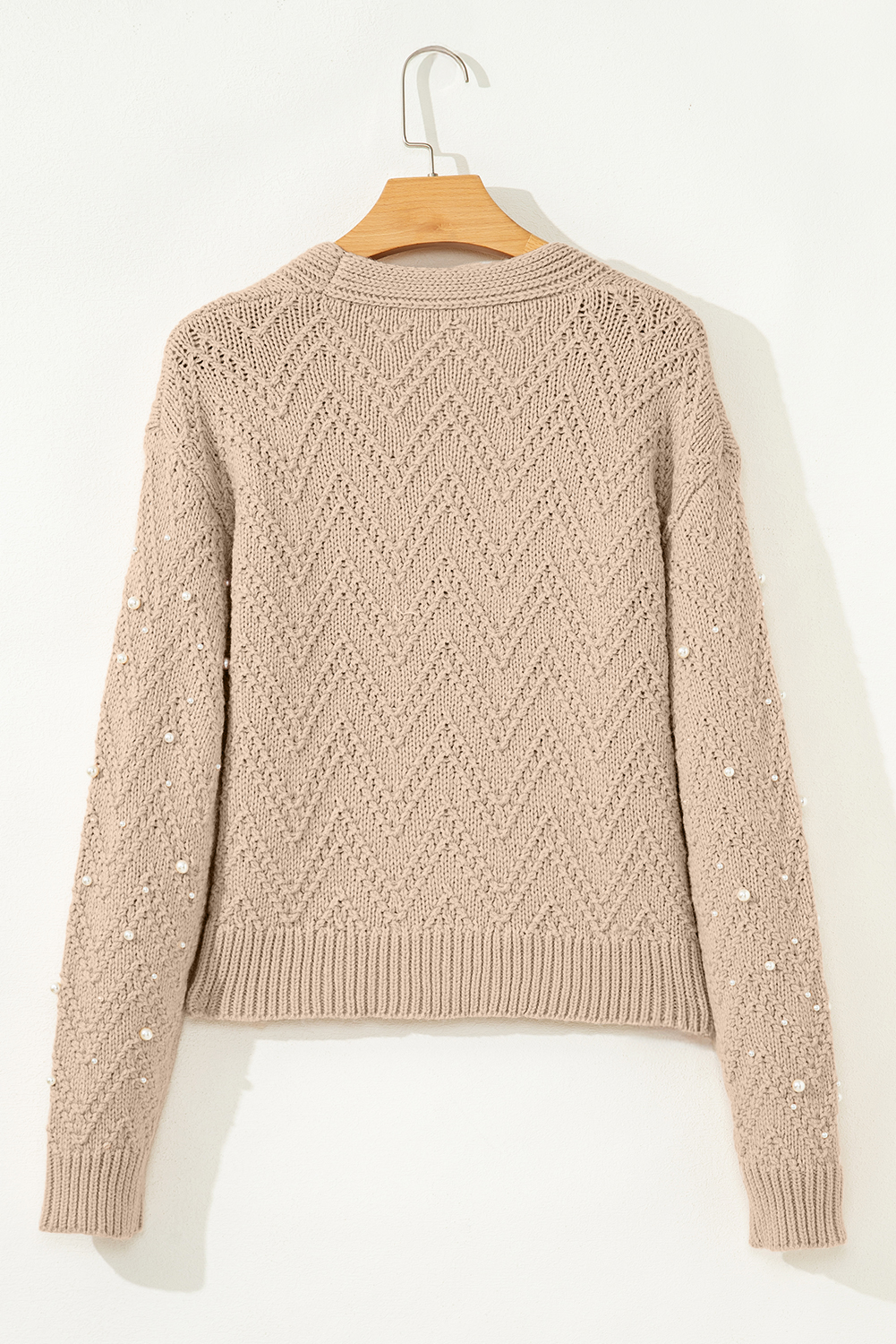 Smoke Gray Pearl Embellished Button Front V Neck Sweater Cardigan - loveforevers
