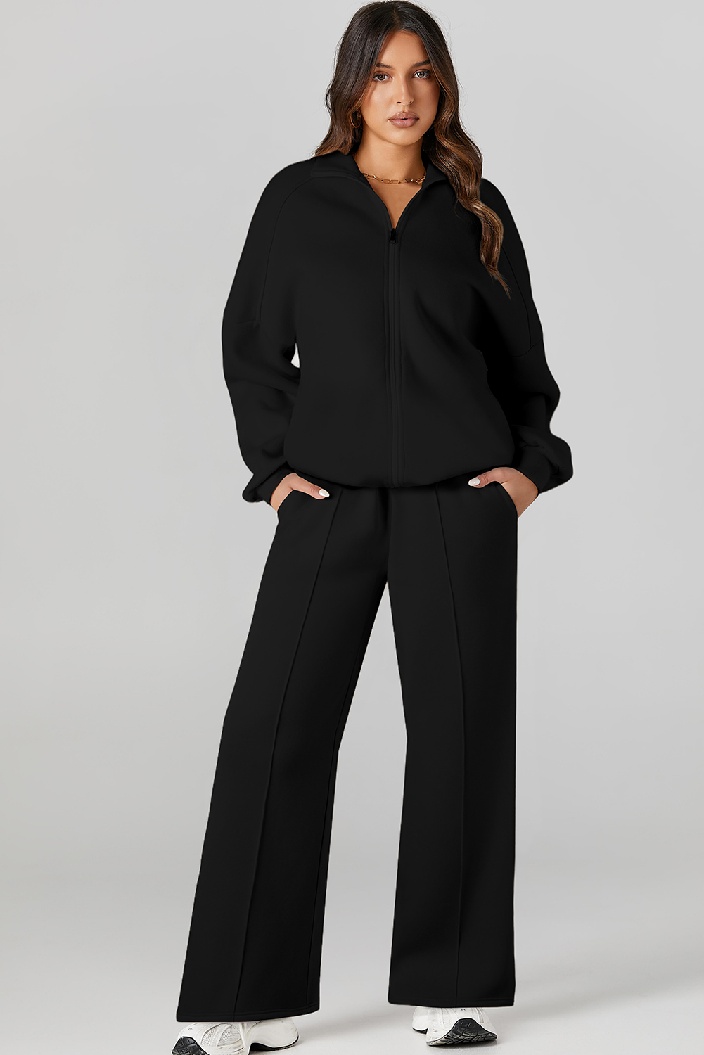 Navy Blue Drop Shoulder Zip Up Jacket Drawstring Pants Active 2pcs Set - loveforevers