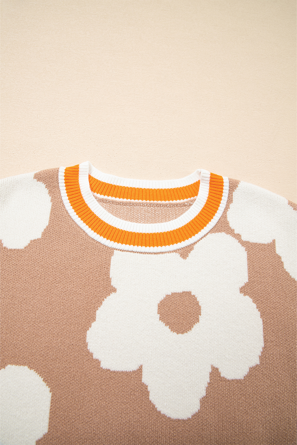 Smoke Gray Big Flower Pattern Contrast Striped Baggy Sweater - loveforevers
