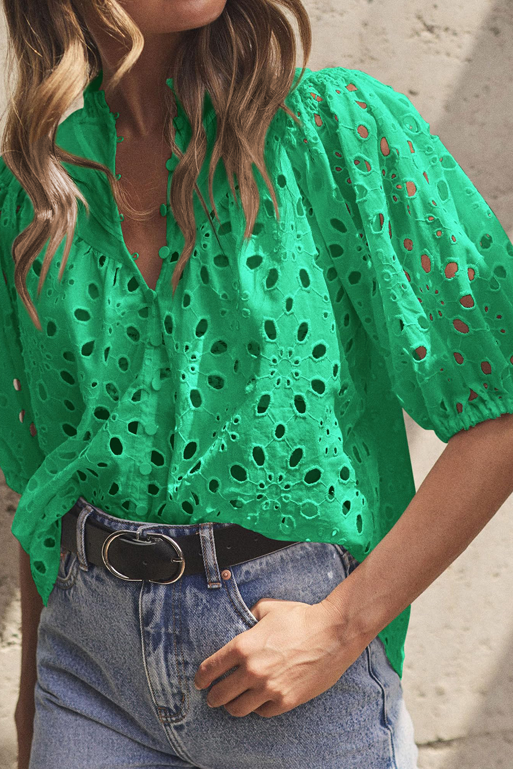 Green Flower Embroidered Hollow-out Puff Sleeve Blouse - loveforevers