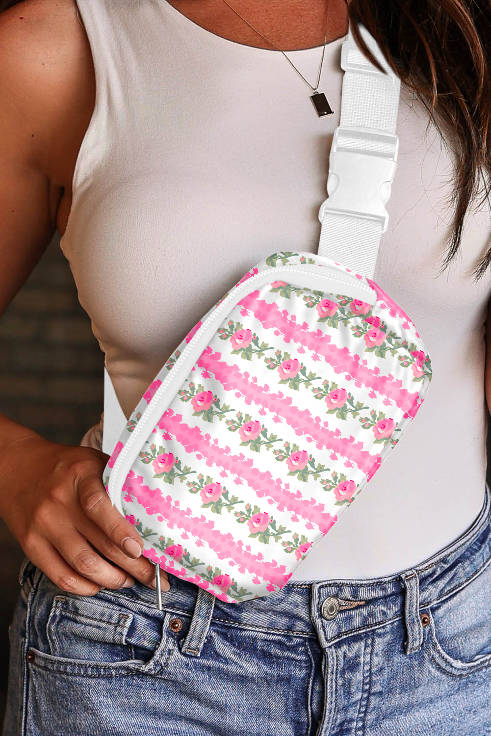 White Flower Print Buckle Wide Strap Sling Bag - loveforevers