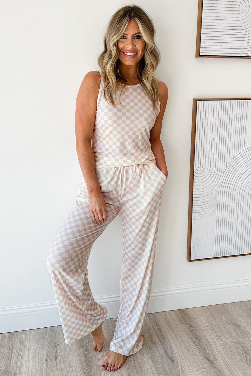White Ribbed Texture Checkered Print 2pcs Tank and Pants Set - loveforevers