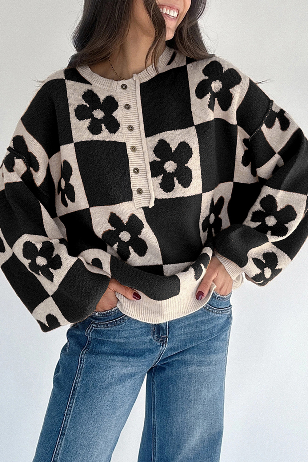 Black Flower Plaid Henley Baggy Sweater - loveforevers