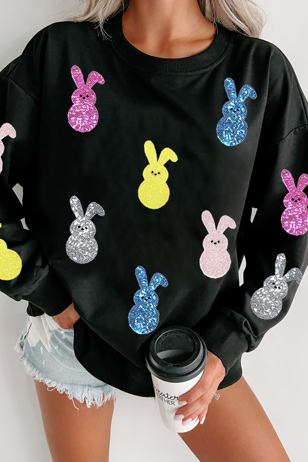Black Sequin Bunny Doll Graphic Drop Shoulder Sweatshirt - loveforevers