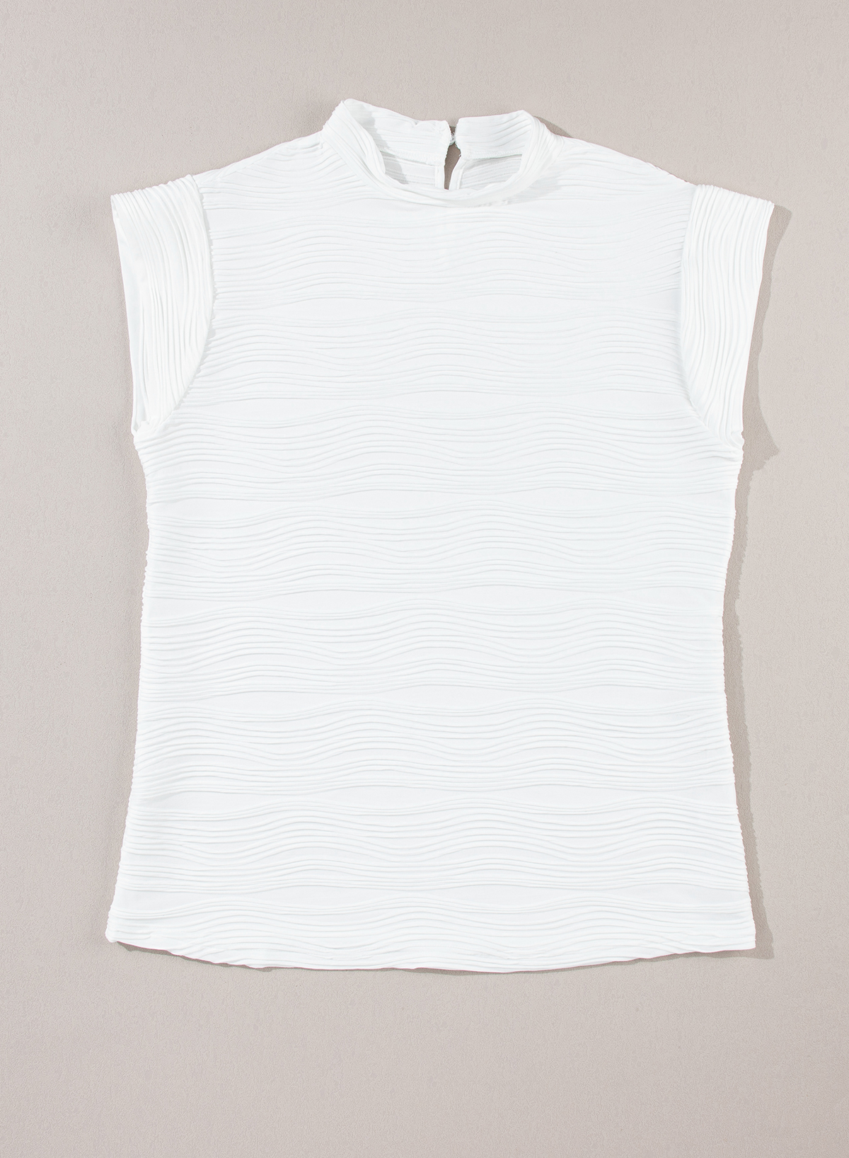 White Wavy Textured Mock Neck Cap Sleeve Top - loveforevers