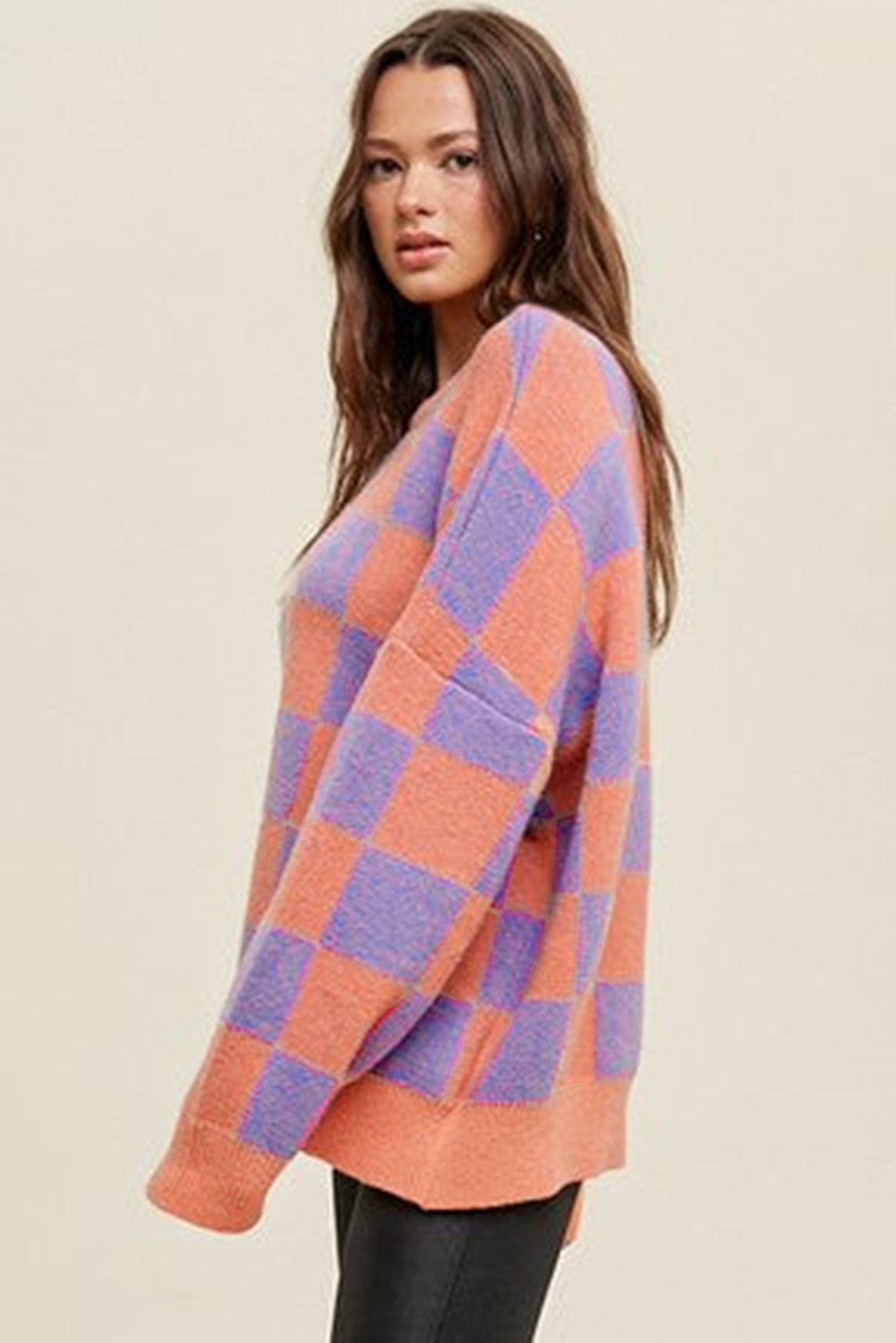 Parchment Checkered Pattern Ribbed Trim Knit Baggy Sweater - loveforevers