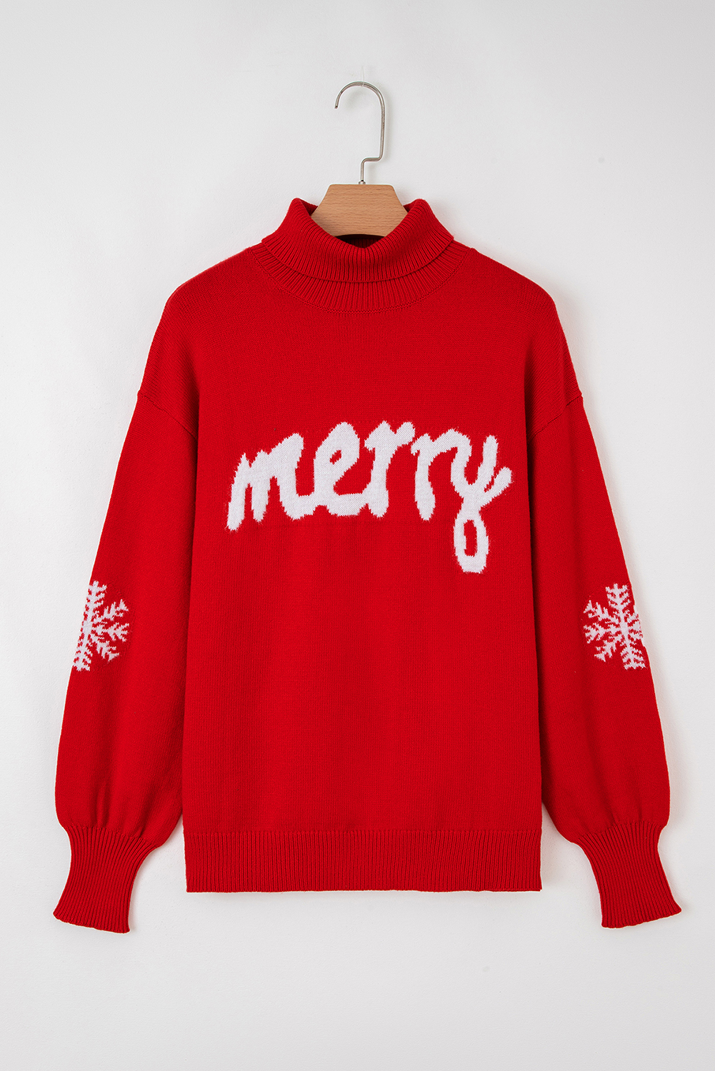 Fiery Red Merry Snowflake Pattern Christmas Turtleneck Sweater - loveforevers