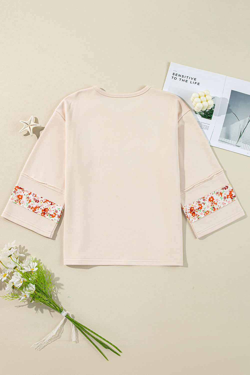 Beige Flower Patch Graphic Exposed Seam Wide Sleeve Top - loveforevers