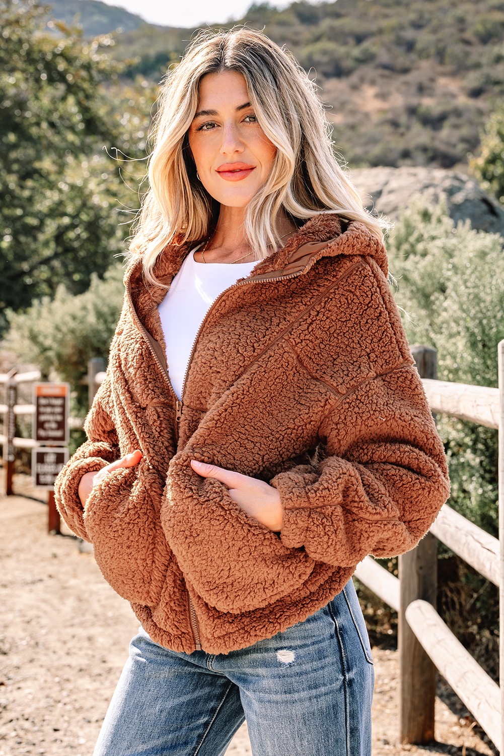 Straw Yellow Zip Up Hooded Sherpa Jacket - loveforevers