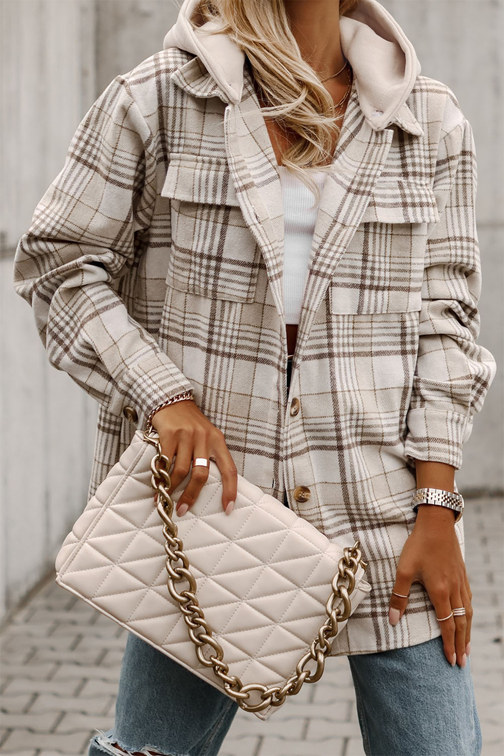 Khaki Plaid Removable Hood Buttoned Shacket - loveforevers