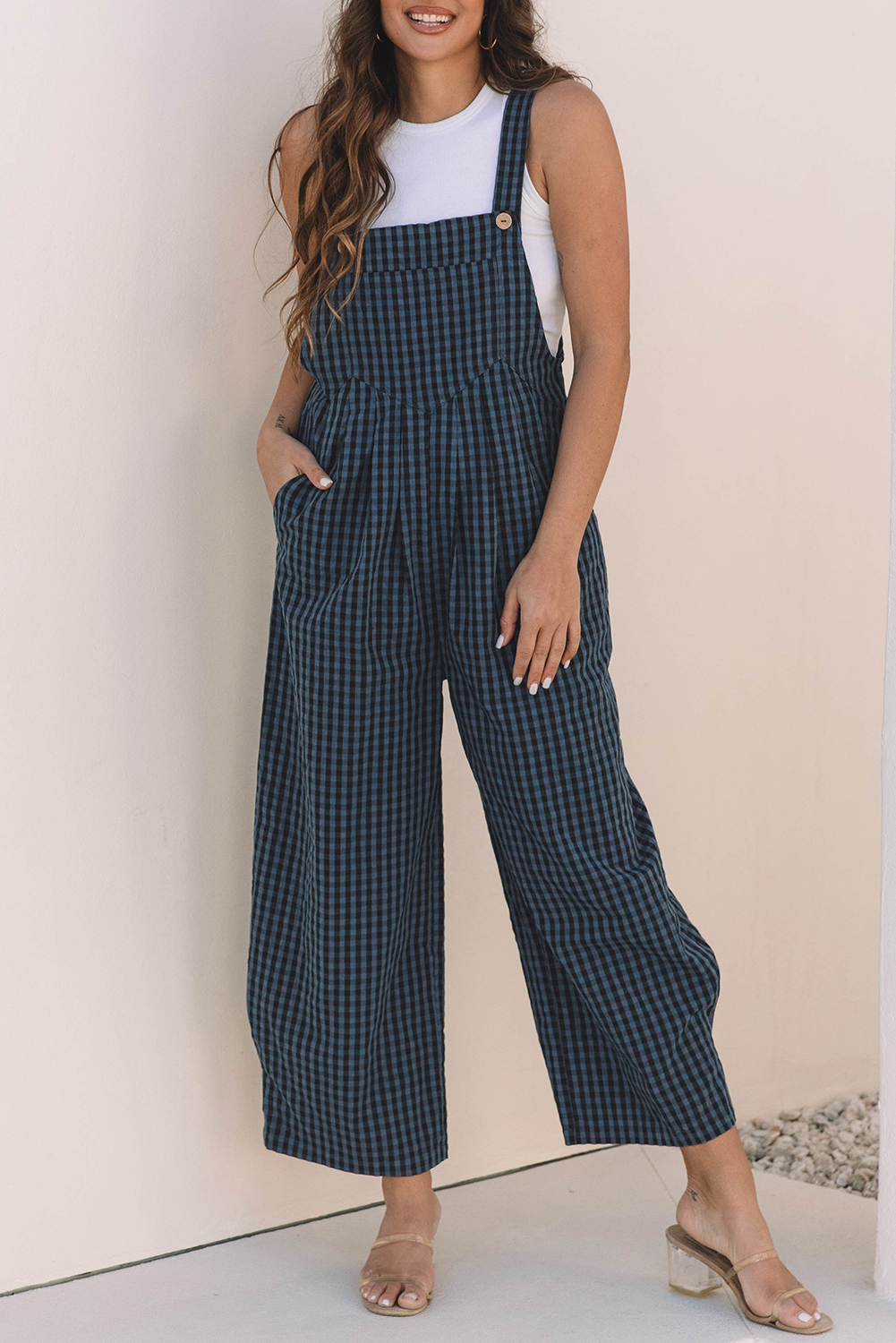 Sail Blue Plaid Print Buttoned Pocketed High Waist Overall - loveforevers