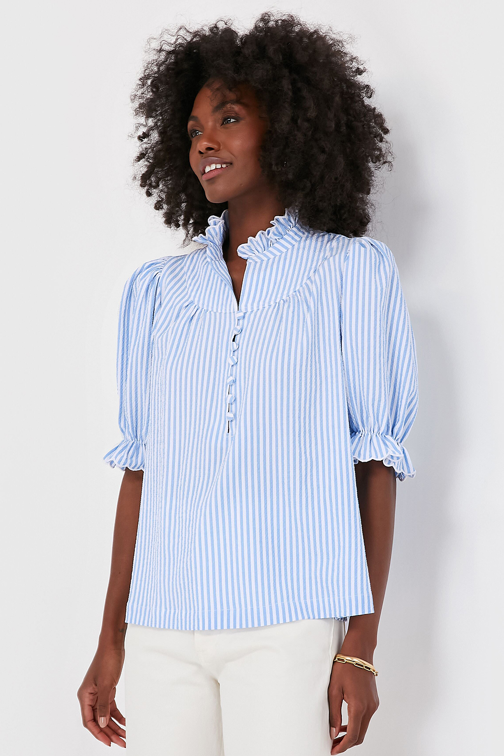 Sky Blue Stripe Ruffled Collar Puff Sleeve Half Buttons Blouse - loveforevers
