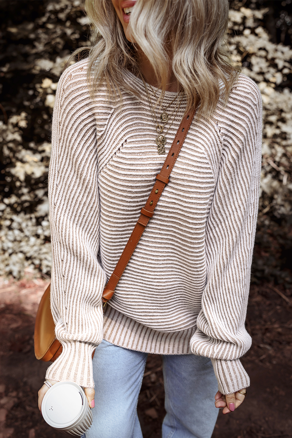 Coffee Striped Print Ribbed Knit Boat Neck Baggy Sweater - loveforevers