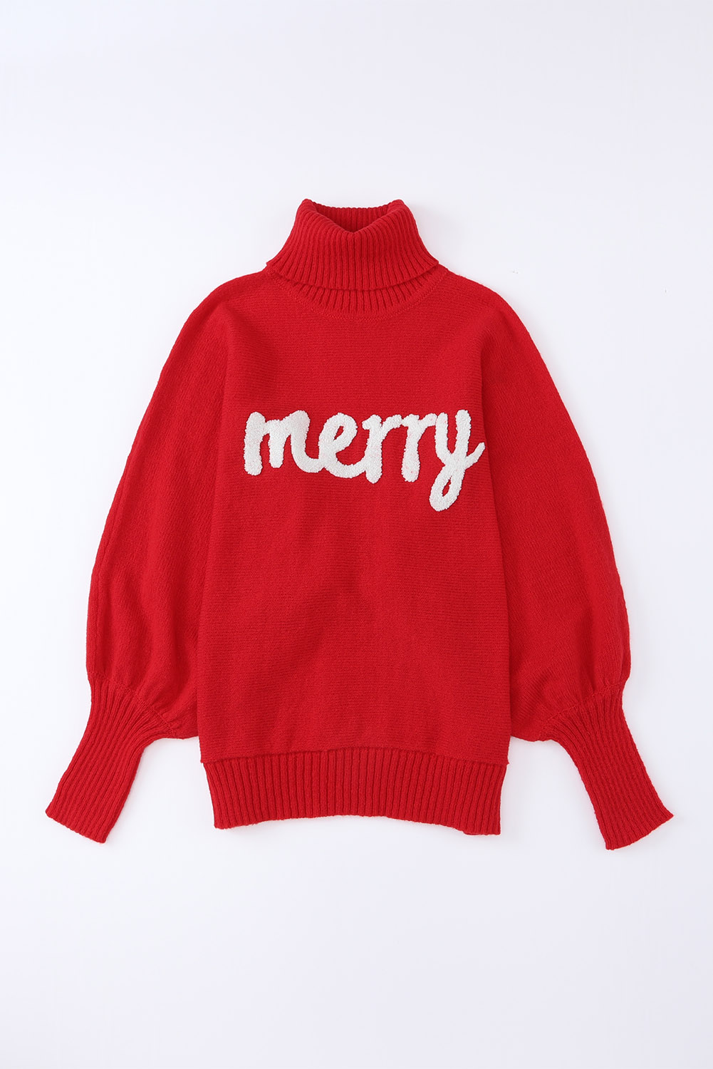 Fiery Red Merry Letter Embroidered High Neck Sweater - loveforevers