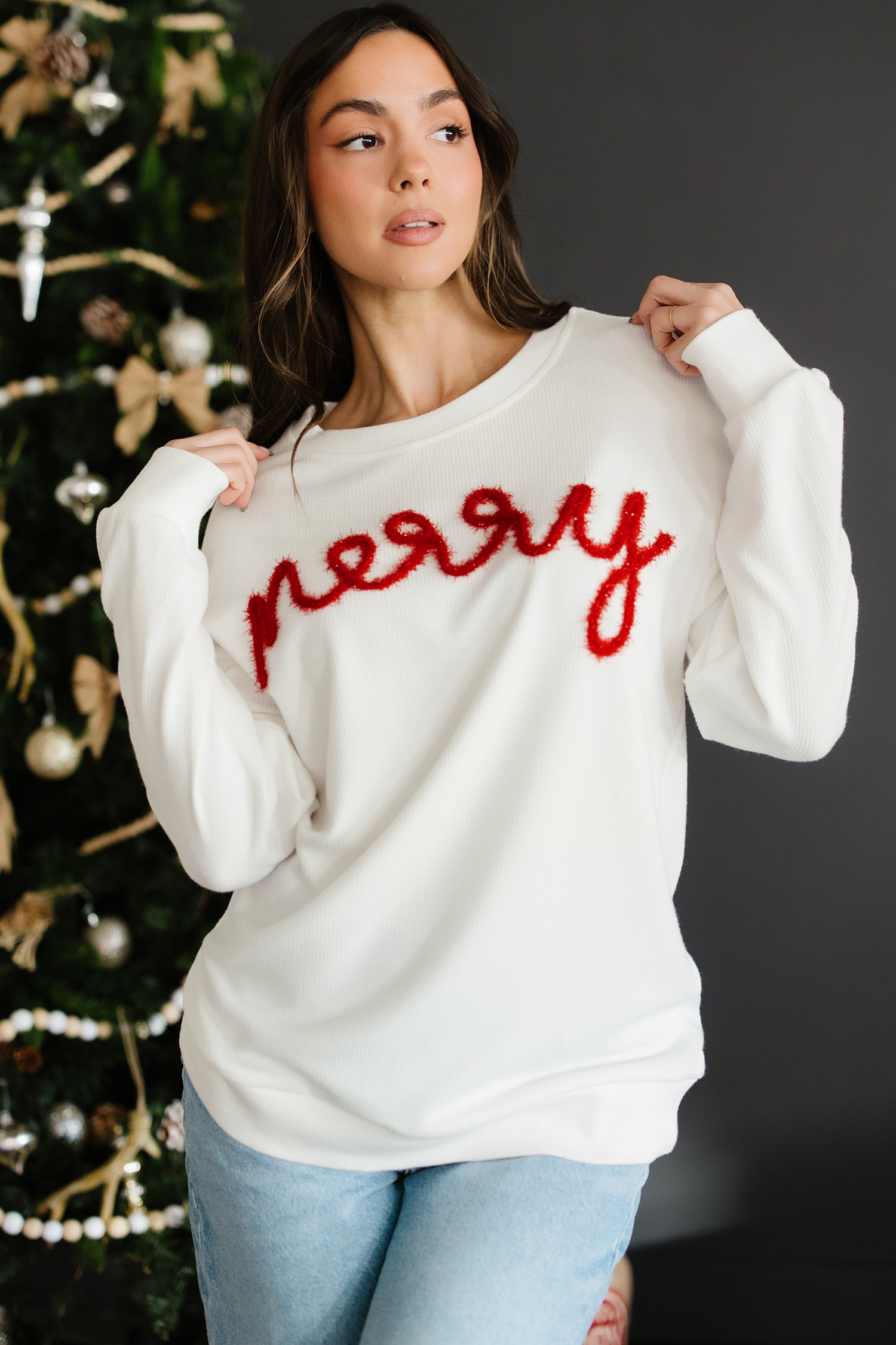 White Merry Tinsel Letter Embroidery Ribbed Drop Shoulder Sweatshirt - loveforevers