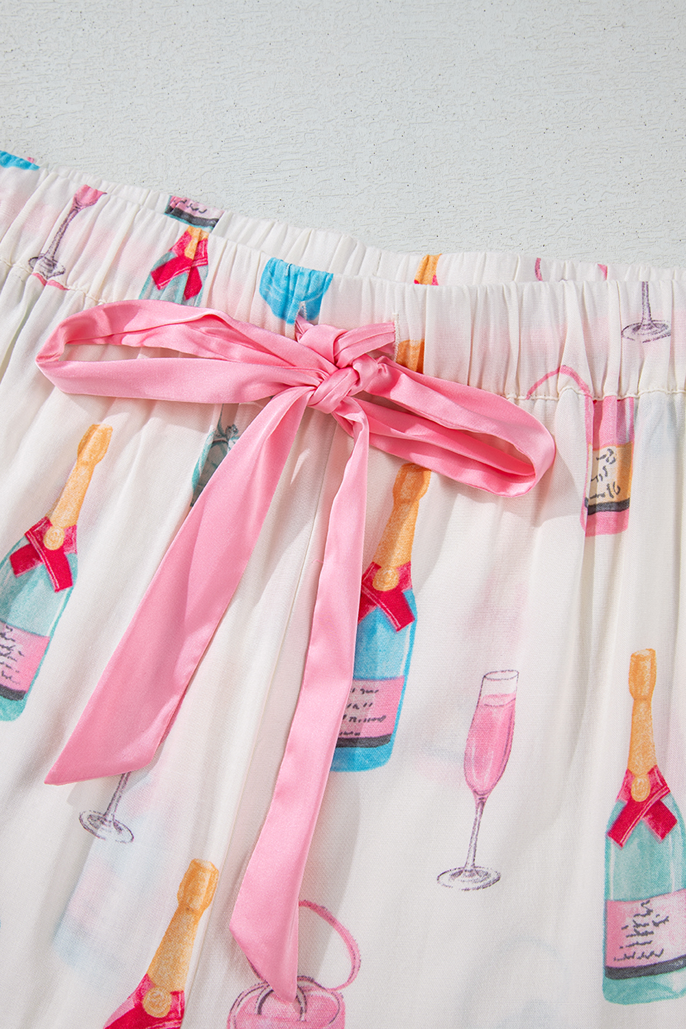 White Christmas Wine Glass Print Bow Knot Two Piece Pajama Set - loveforevers