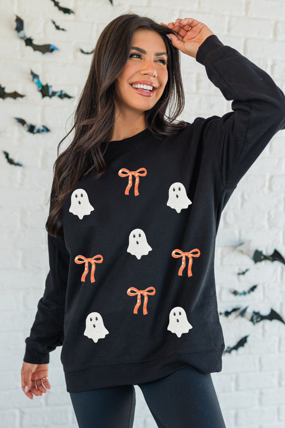 Black Sequin Bow Ghost Patched Halloween Graphic Tee - loveforevers