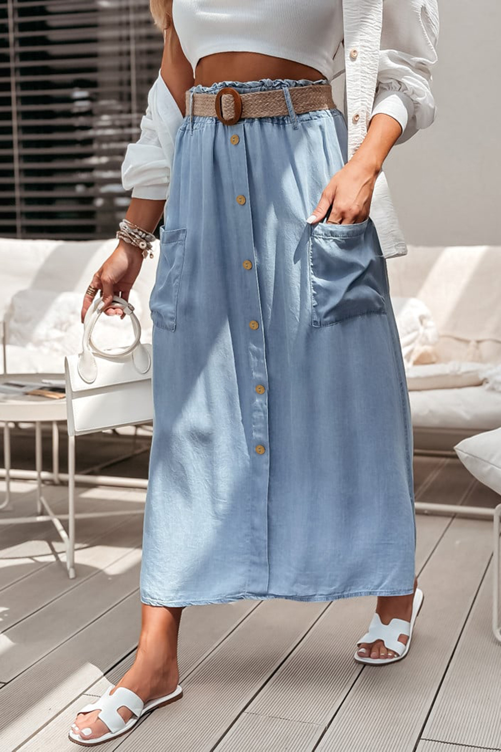 Beau Blue Buttoned Front High Waist Side Pockets Denim Maxi Skirt - loveforevers