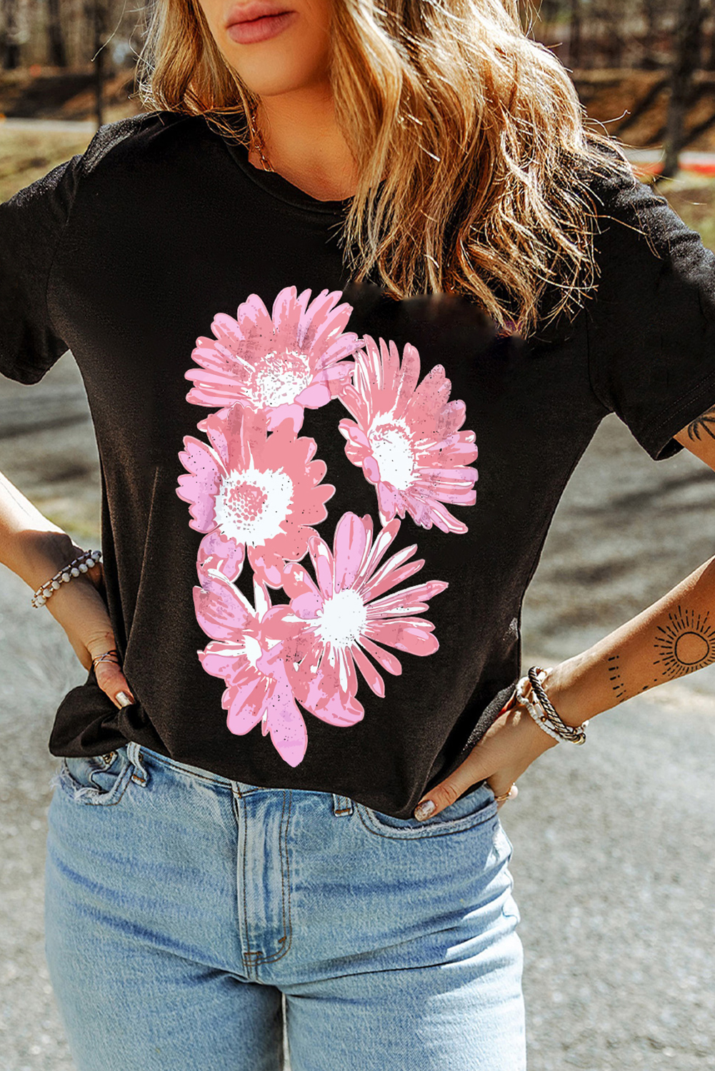 Black Pink Daisy Flower Printed Cotton Blend T Shirt - loveforevers