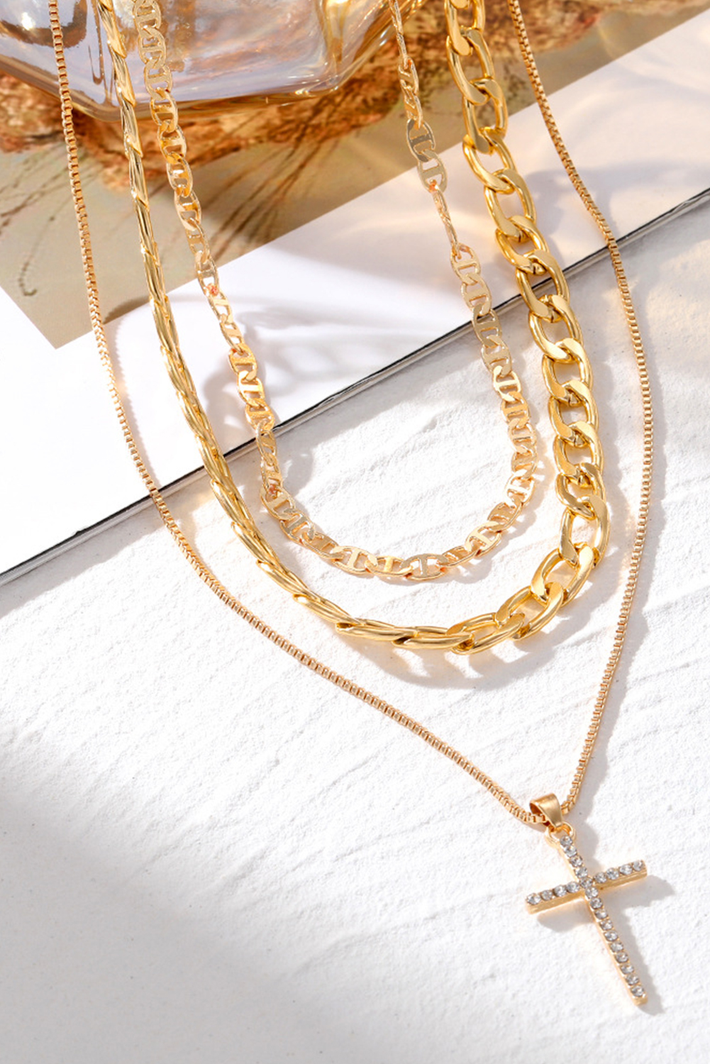 Gold Plated Cross Pendant Multi Layer Stacked Chains Necklace - loveforevers