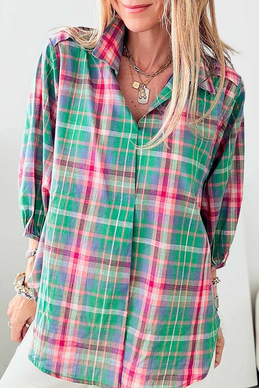 Green Checkered 3/4 Sleeve Collared Loose Fit Shirt - loveforevers